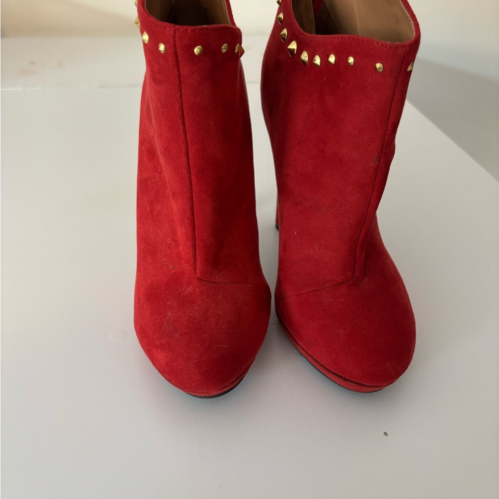 Glamorous Red and Gold Ankle Booties with Stud Detailing
